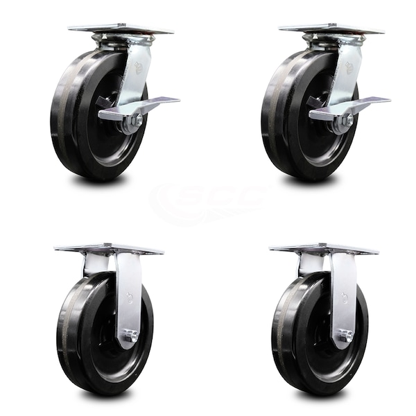 8 Inch Phenolic Caster Set with Ball Bearing 2 Brakes and 2 Rigid